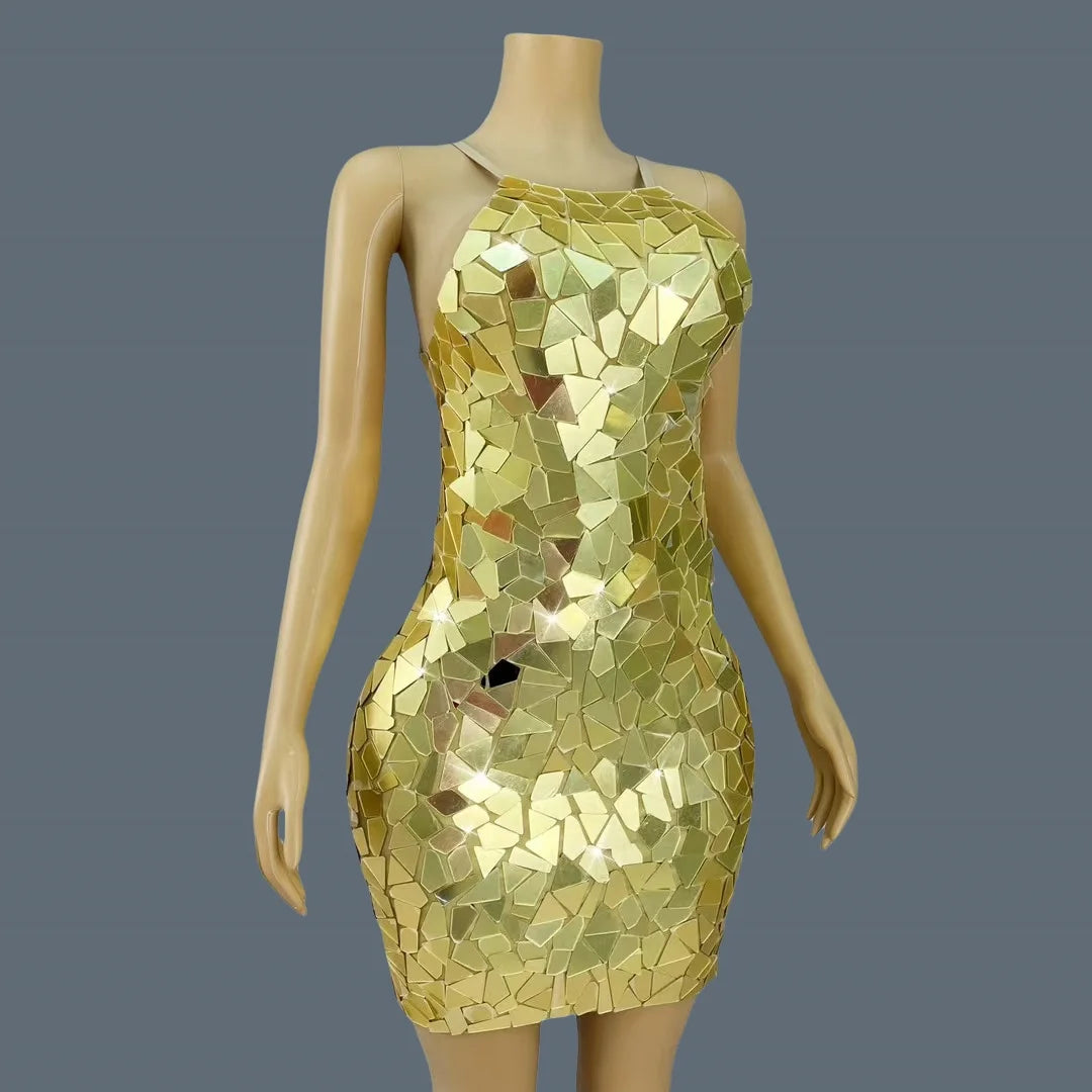 Sparkly Golden Sequins Strap Mini Dress for Women Birthday Celebrate Party Bodycon Dress Club Stage Show Dress Chajianjingpian