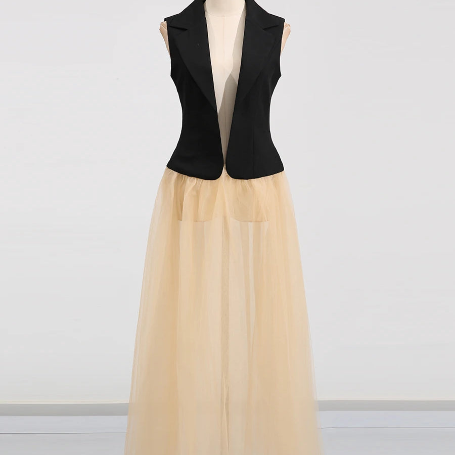 Hit Color Sheer Elegant Jacket for Women Lapel Sleeveless Patchwork Folds Fashion Long Jacket Female Clothing New BLACK