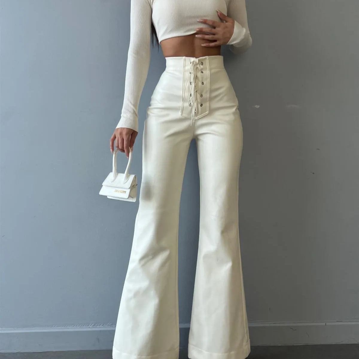 Stylish Chic Faux Leather Pants Women Autumn Winter Sexy High Waist Long Flare Pants Woman Drawstring Black PU Leather Trousers