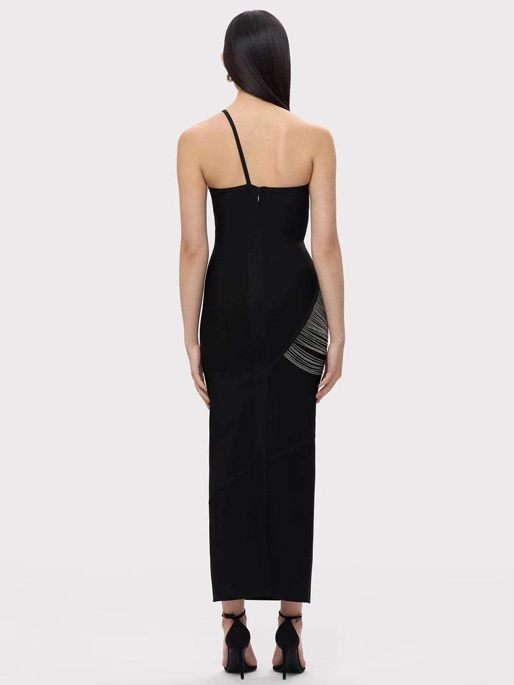 Women Sexy One shoulder Tassels Black Maxi Bodycon Bandage Dress 2025 Summer Elegant Cocktail Evening Club Party Gowns