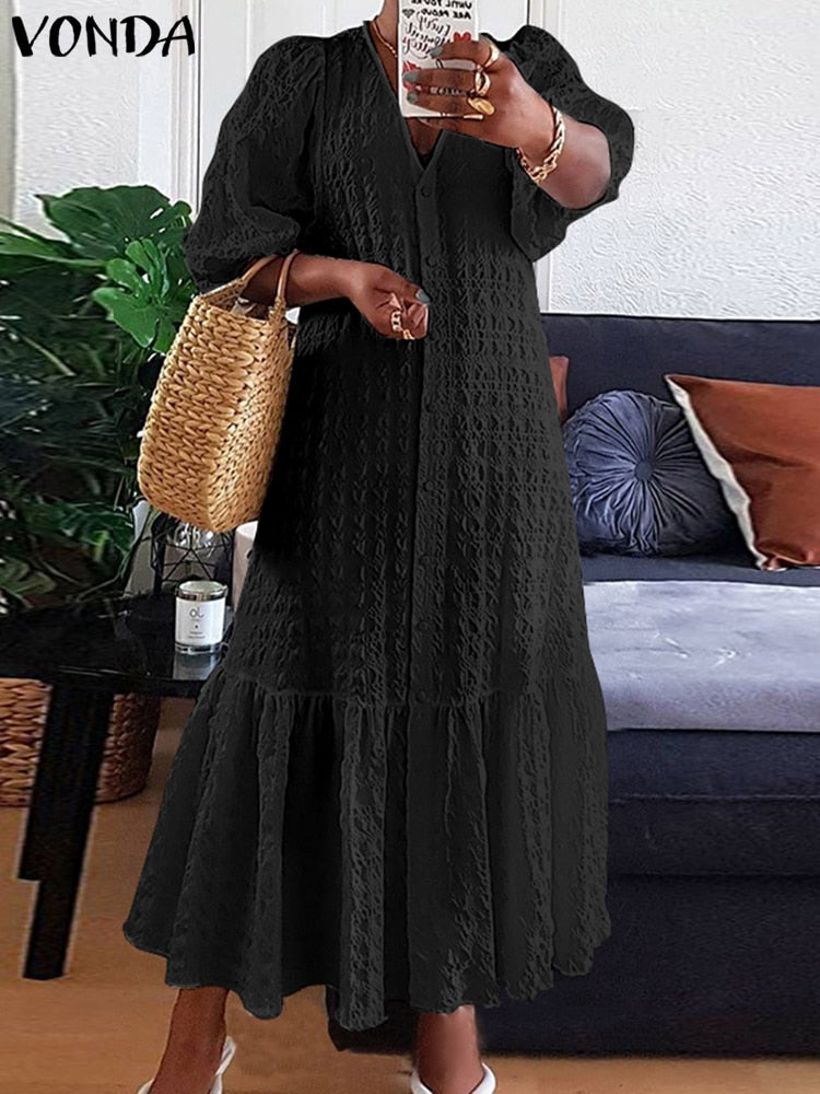Plus Size 5XL VONDA Women Shirt Dress 2024 Summer Sexy V Neck Buttons Half Sleeve Long Maxi Vestidos Bohemian Elegant Party Robe Black