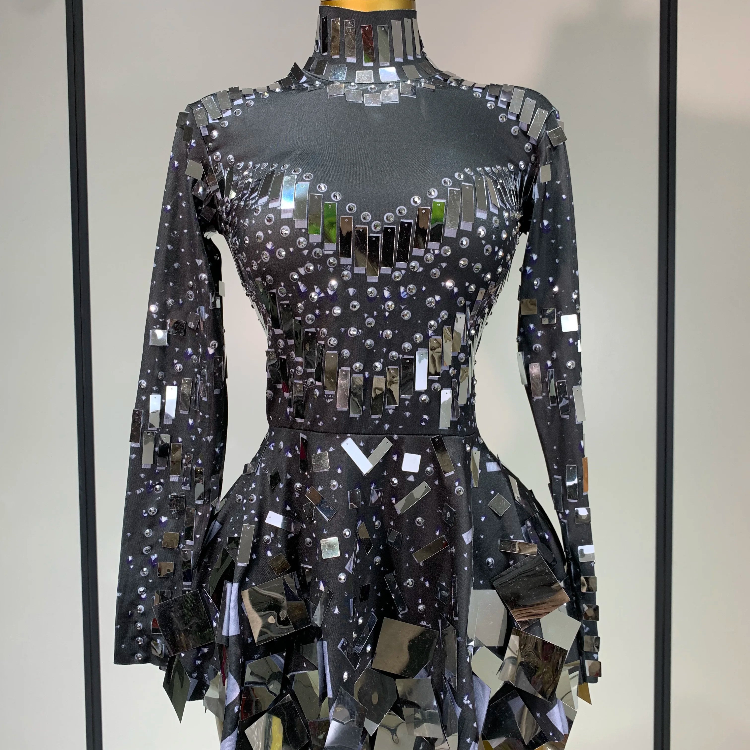 Women Sexy High Elastic A-Line Long Sleeve Dress Performance Costume Sparkly Nightclub Evening Party Hotwife Stage Outfit black