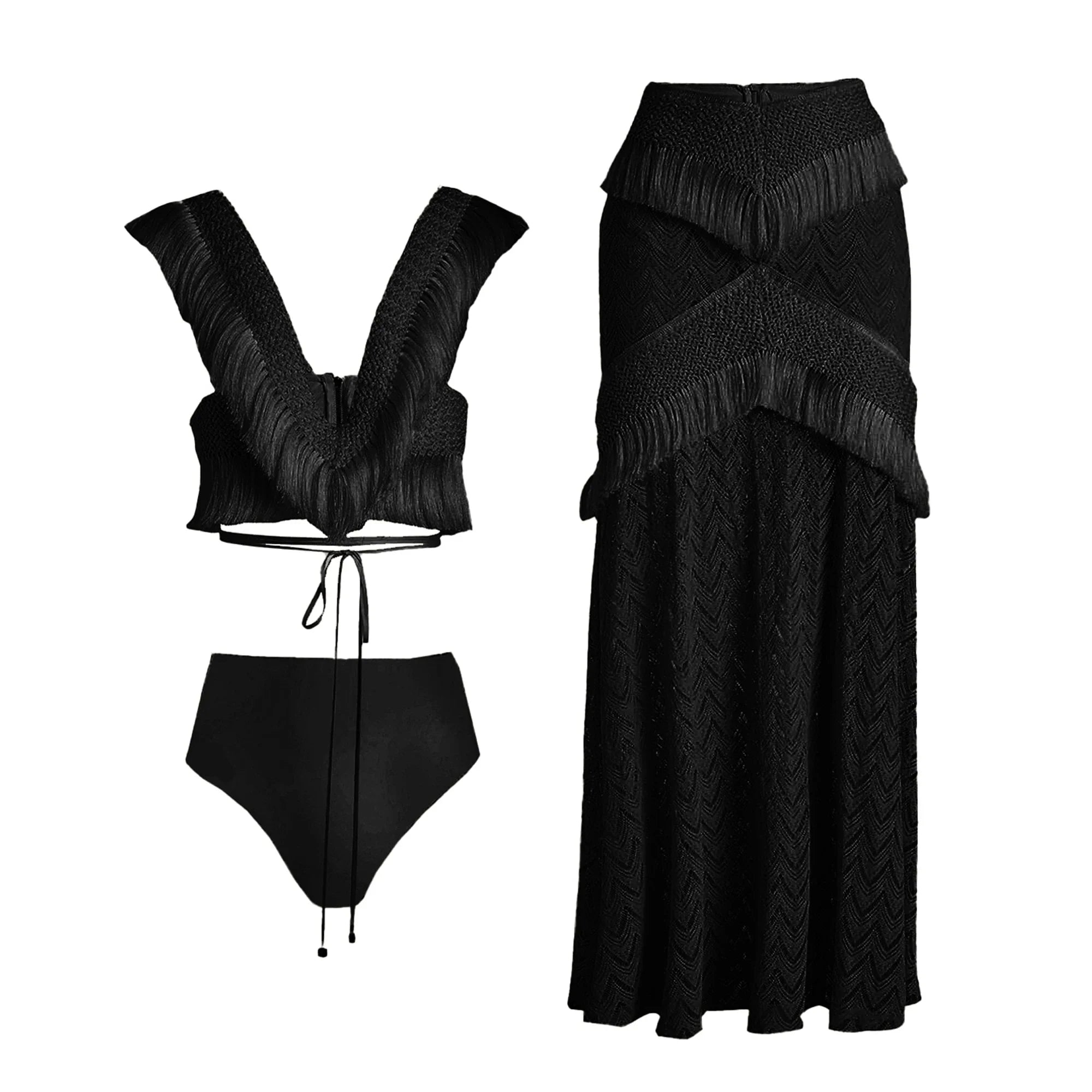 V Neck Fringe Trim Bikini Swimsuit High Waist Swimwear with Skirt for Women Halter Bathing Suits Print Summer Female LY24518D