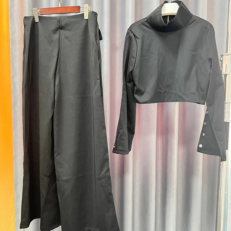 Streetwear Two Piece Set For Women Stand Collar Long Sleeve Top High Waist Pant Wide Leg Pant Chic Sets Female New