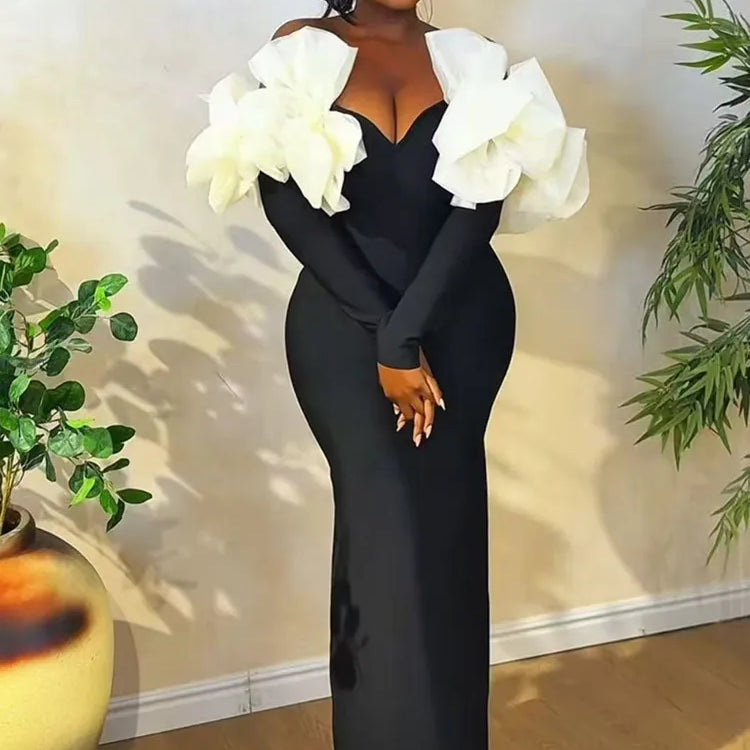 Women Sexy Off Shoulder Long Sleeve Red Black Maxi Long Celebrity Bodycon Bandage Dress 2025 Elegant Evening Club Party Dress