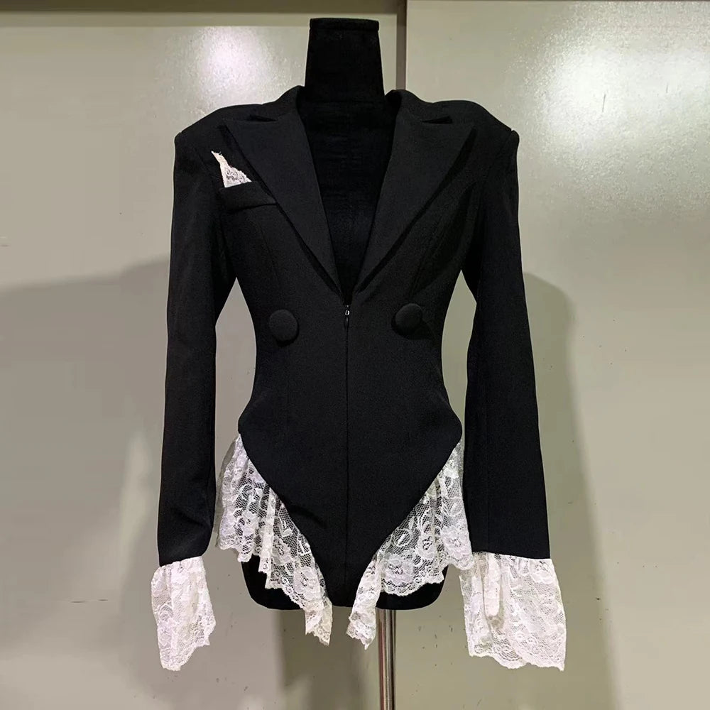 Colorblock Spliced Lace Jumpsuits For Women Lapel Long Sleeve Tunic Patchwork Button Slimming Chic Jumpsuit Female BLACK