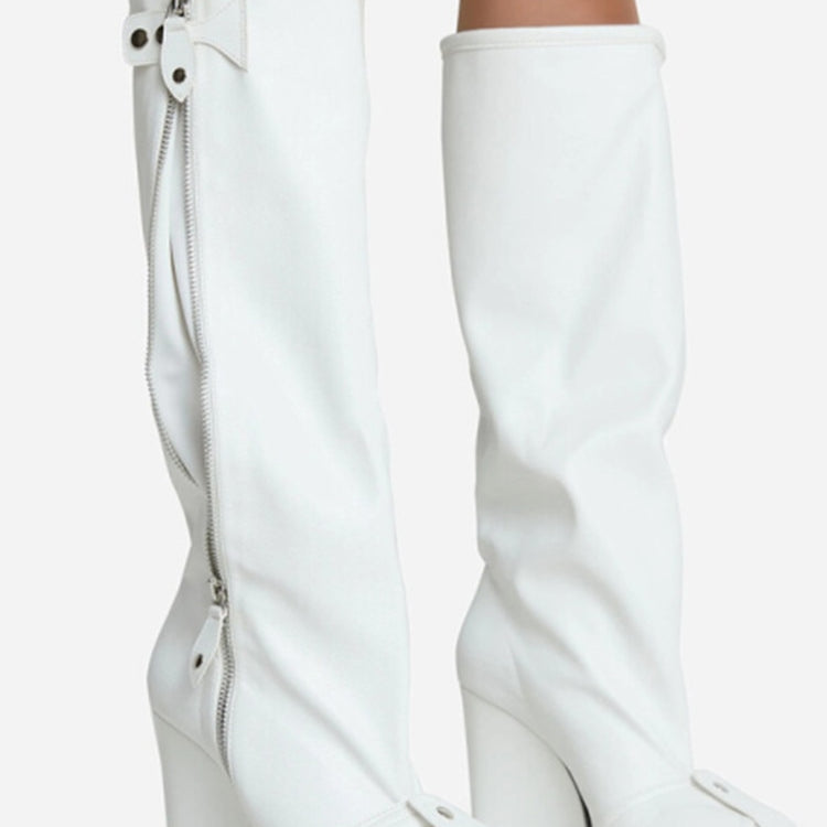 Punk Fan Motorcycle Boots Wome's Zipper Thick Sole Knee High Boots European and American Trend Nightclub Party White