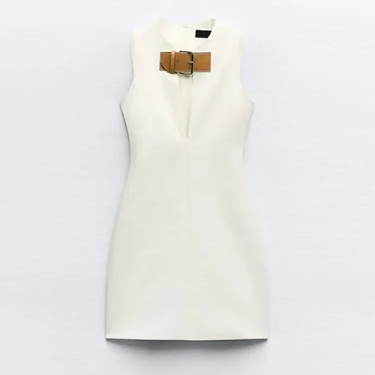 Elegant Solid Slim Sleeveless White Mini Dress Women Sexy Hollow Out Leather Buckle Short Vestidos Chic Ladies Streetwear