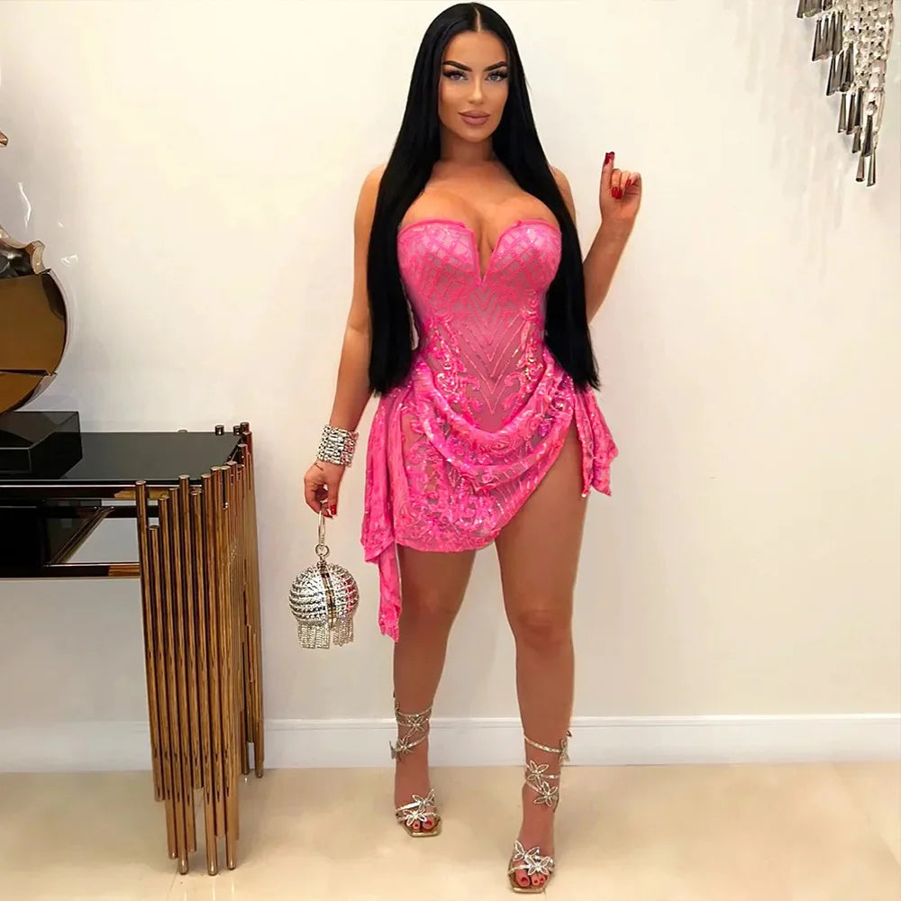 CM.YAYA Women Strapless V-neck Fashion Sequined Sexy Dress Mesh See Through 2024 Summer Night Club Evening Party Mini Dresses