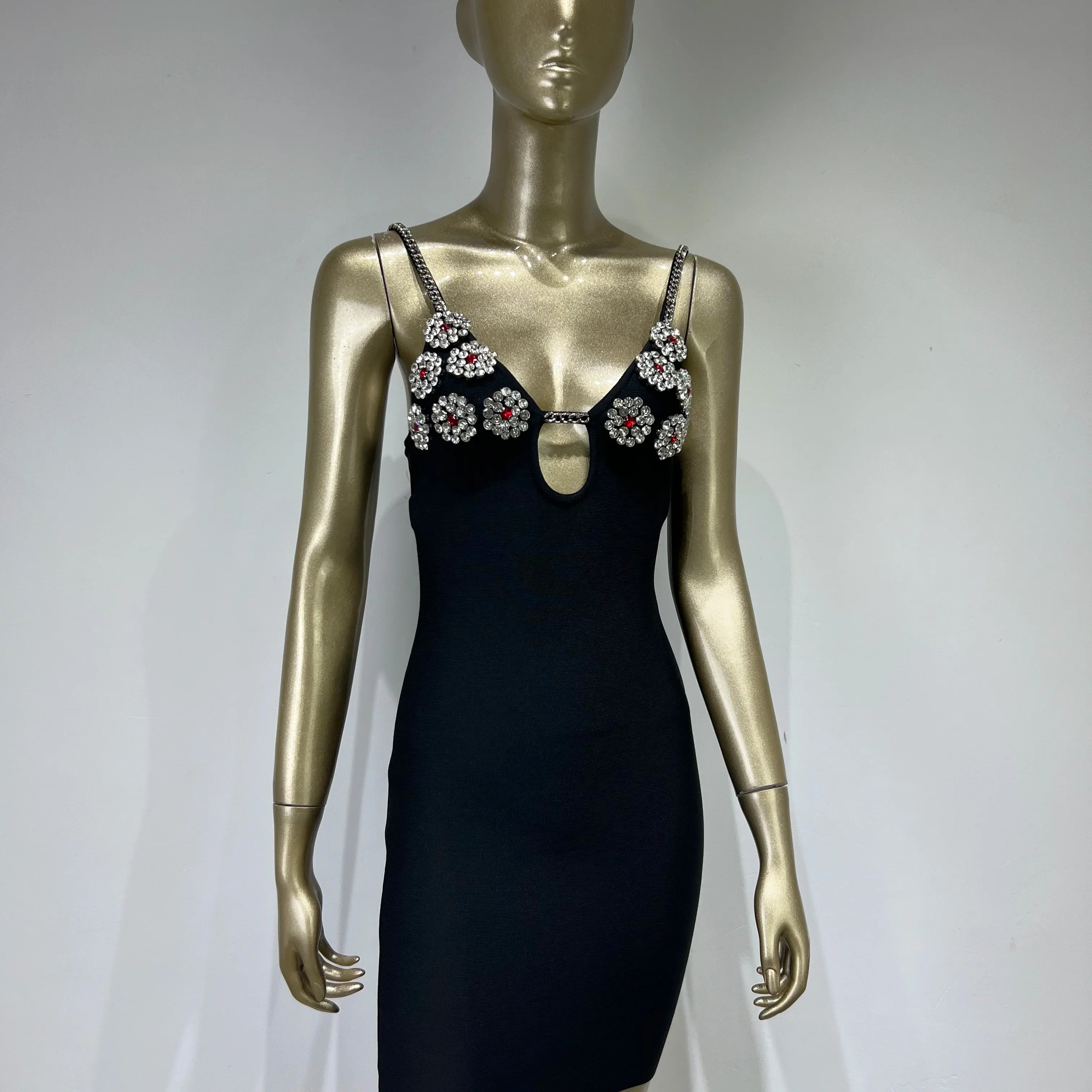 Newest Women Summer Fashion Sexy Key Hole Crystal Diamonds Black Mini Bandage Dress 2023 Elegant Evening Club Party Dress