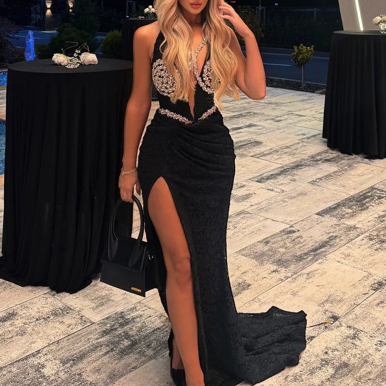 Black Lace Appliques Long Dress for Women Rhinestones Halter High Slit Diamonds Sleeveless Trumpet Cocktail Evening Gown