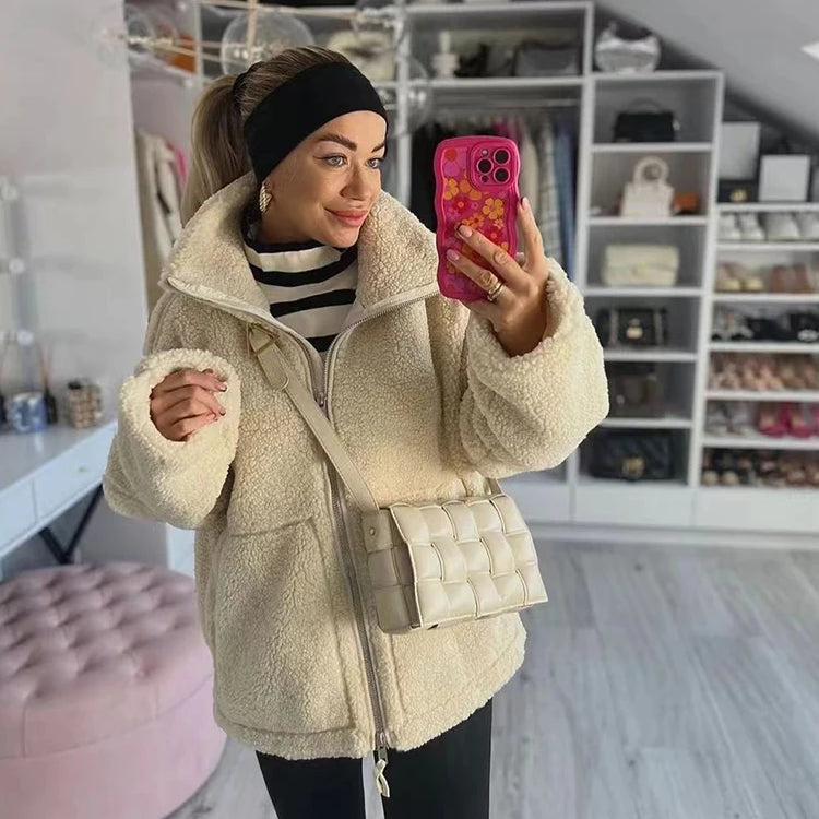 SIYANG Women Autumn Fashion Loose Teddy Coat Female Pockets Zipper Warm Faux Lamb Jacket Ladies Casual Outerwear