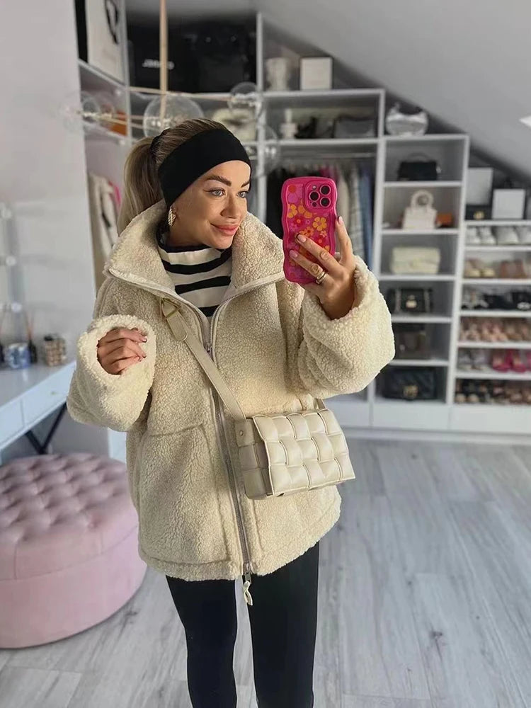 SIYANG Women Autumn Fashion Loose Teddy Coat Female Pockets Zipper Warm Faux Lamb Jacket Ladies Casual Outerwear
