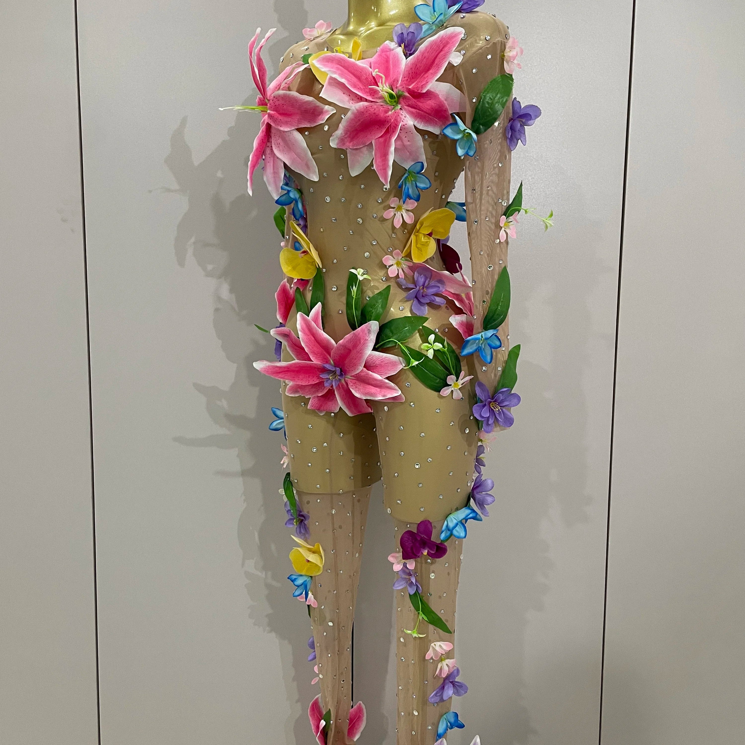 2025Sparkly Rhinestones 3D Flower Nude Mesh Transparent Jumpsut Women Evening Party Birthday Nightclub Performance Stage Costume