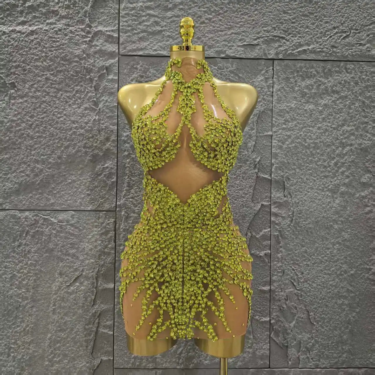 Shinning Crystal Women Sexy Sleeveless Mesh See Thorugh Bodycon Mini Dress Nightclub Party Bar Singer Performance Stage Wear Yellow
