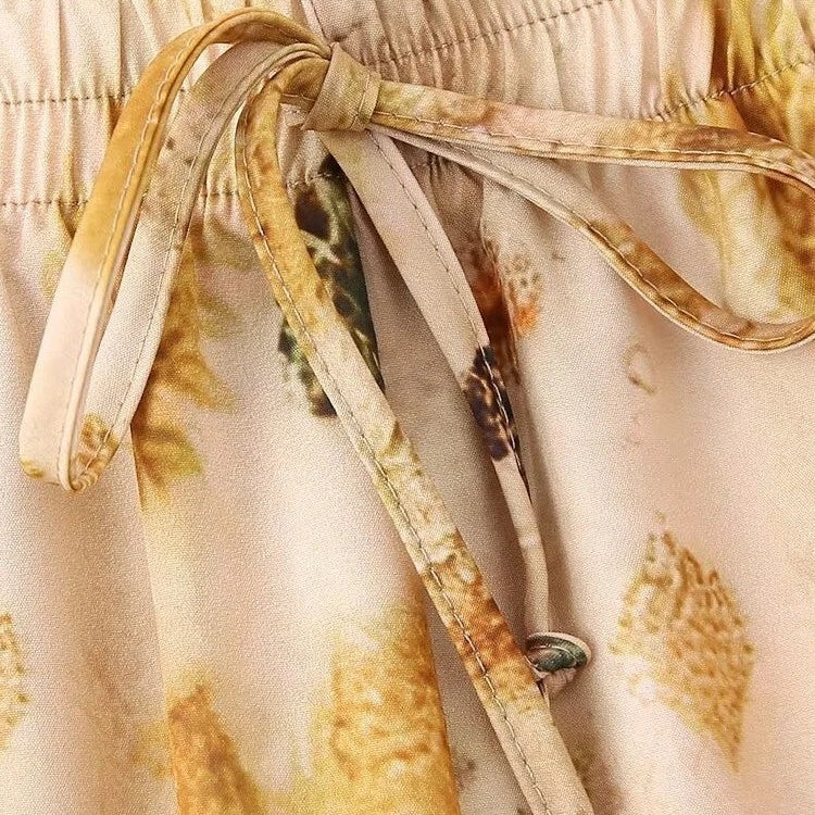 Aonibeier Thin Satin Printed Women Loose Shirt Suits Traf Summer Long Sleeve Casual Blouse Female Wide Pants Sets Y2K