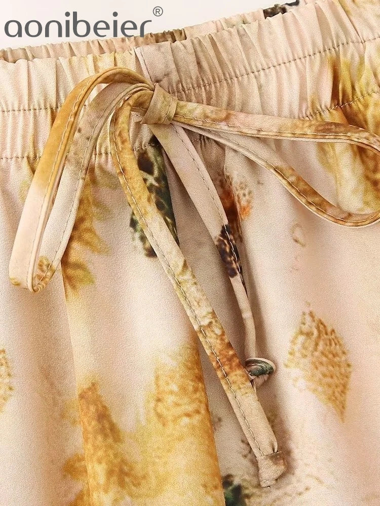 Aonibeier Thin Satin Printed Women Loose Shirt Suits Traf Summer Long Sleeve Casual Blouse Female Wide Pants Sets Y2K