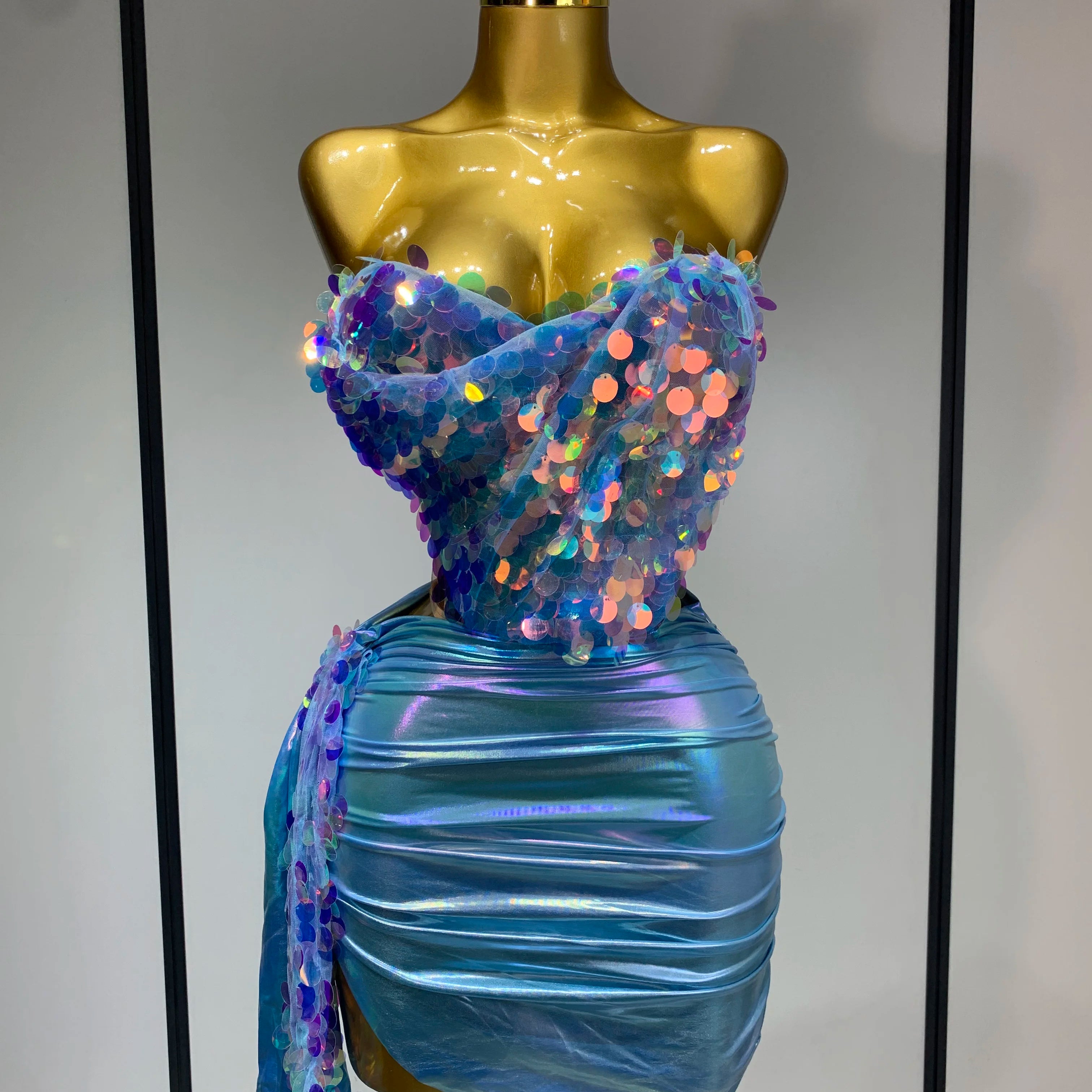 Sparkly Sequin Two Piece Set Sexy Strapless Backless Women Outfit Evening Party Nightclub Stage Performance Dance Costume SKY BLUE