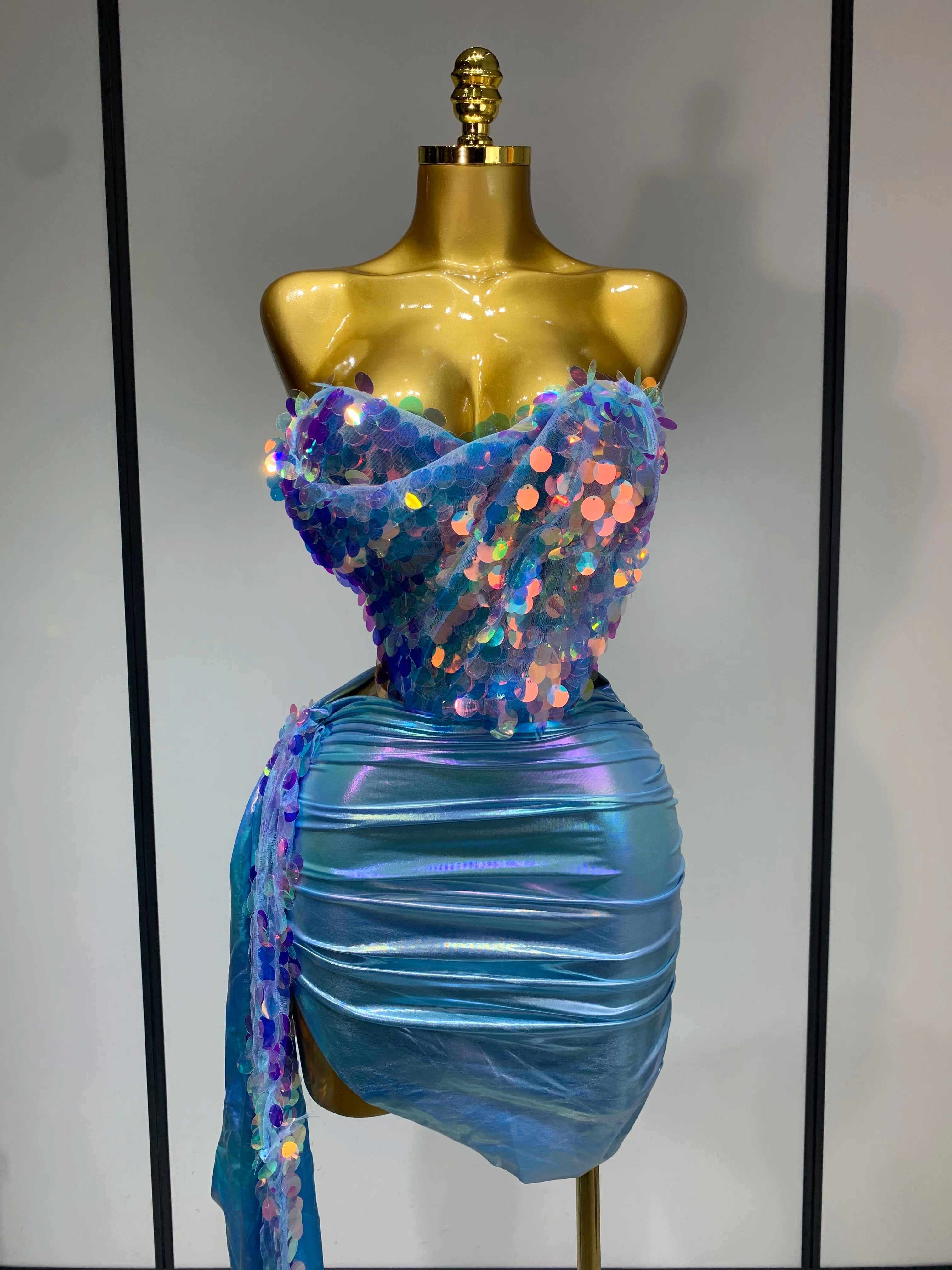 Sparkly Sequins Short Dress Women Sexy Party Evening Prom Celebrate Birthday Photo Shoot Two-piece set Nightclub Dance Costume SKY BLUE