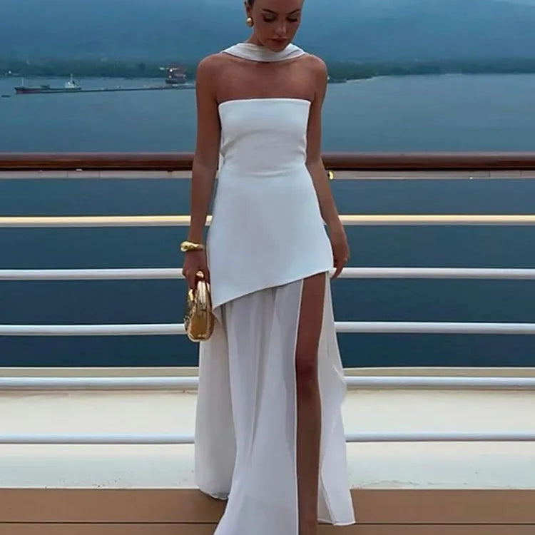 Sexy Off Shoulder With Scarf Maxi Dress For Women Fashion High Waist Sleeveless Backless Long Dresses New Lady Evening Club Robe Ivory