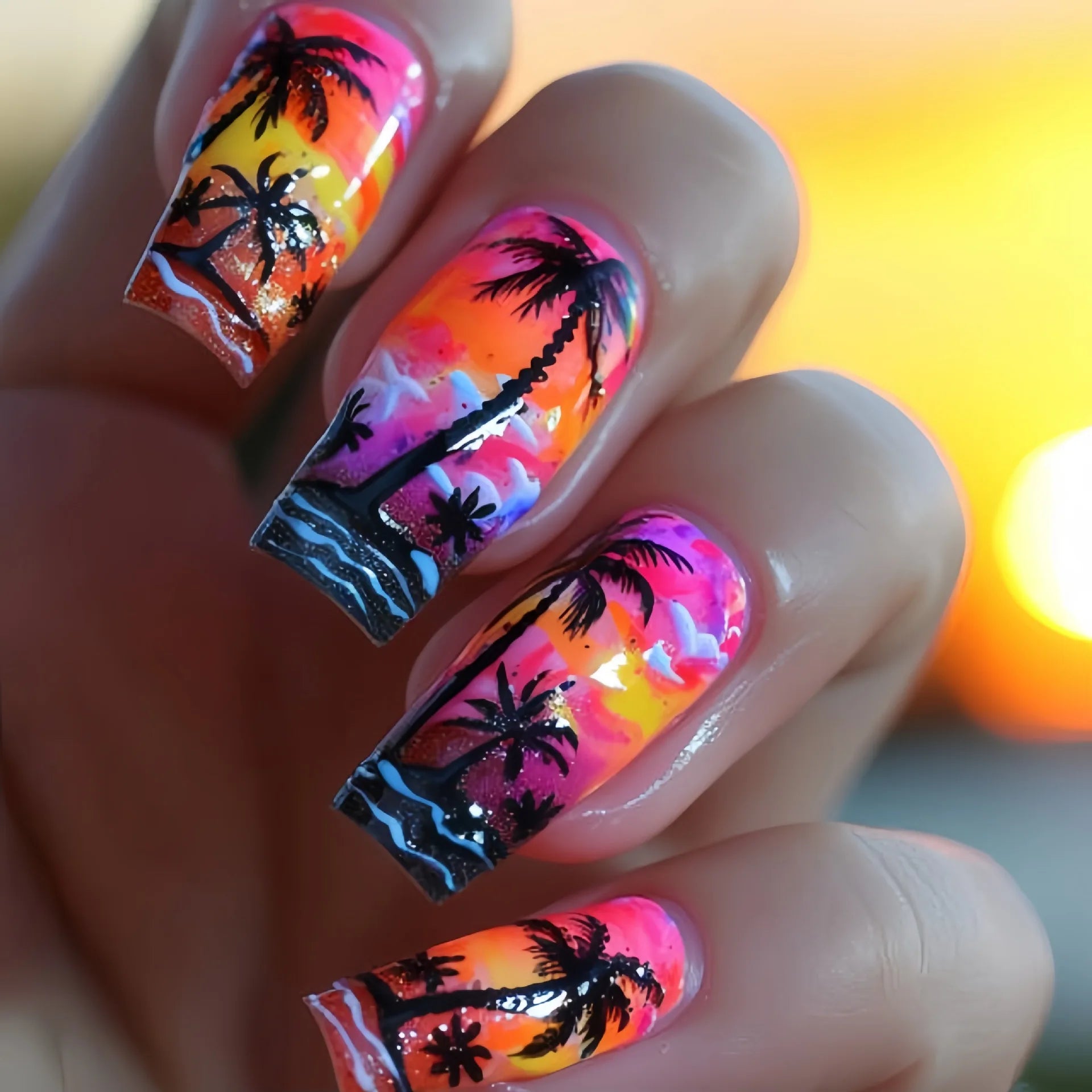 Short middle square ballet fake nails sparkling plant flowers maple leaves gradient Peacock feathers press on false nails set 1678