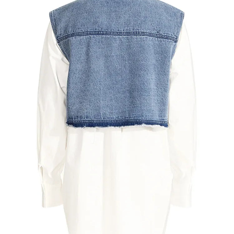 DEAT Fashion Women's Denim Shirt Lapel Loose Hollow Out Single Breasted Denim Splice Fake Two Pcs Blouse Summer New 17A8112