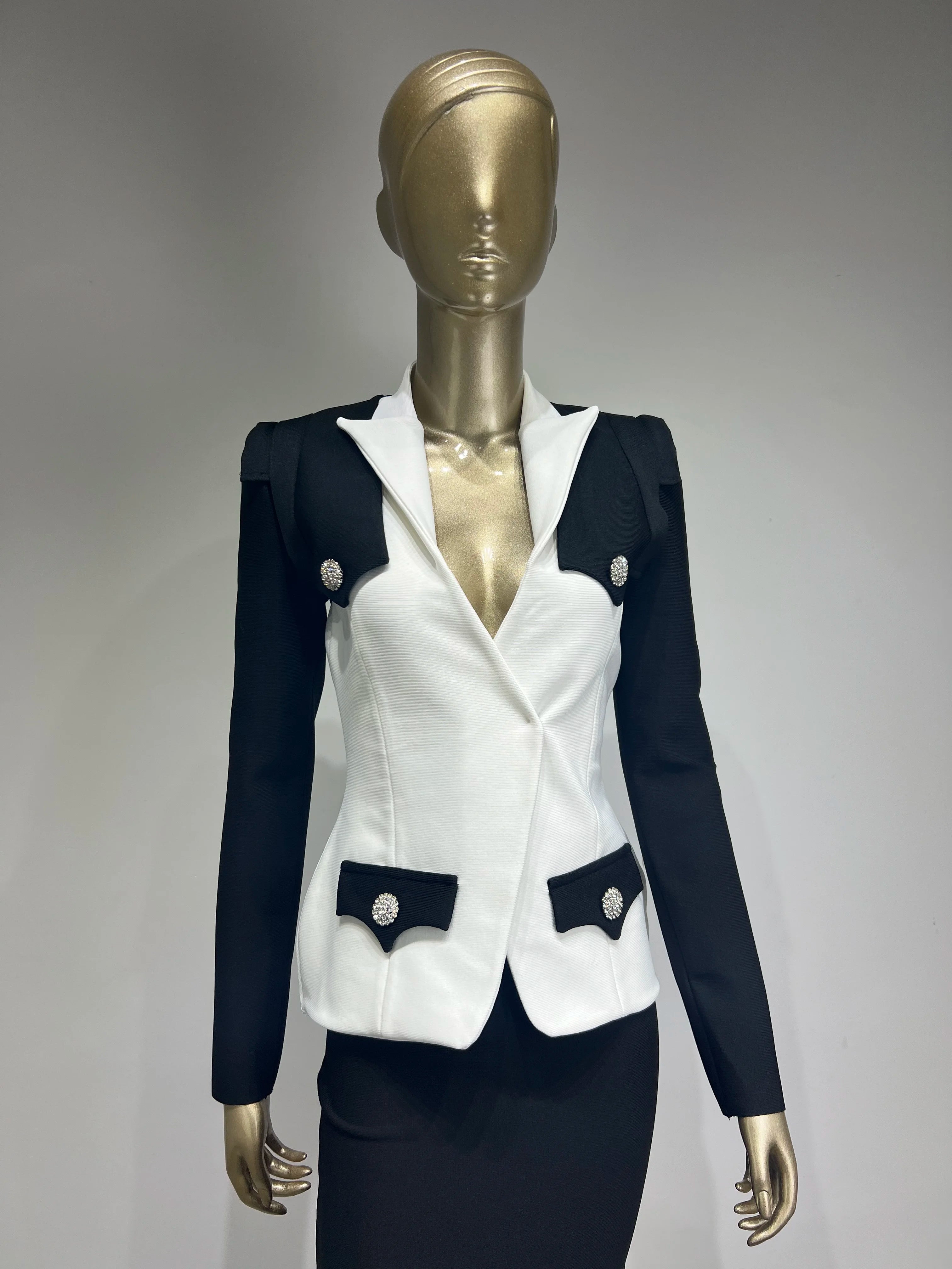 Runway Winter Sexy Long Sleeve Button Black White Women Bandage Coat 2024 High Street Celebrity DNight Club Party Jackets