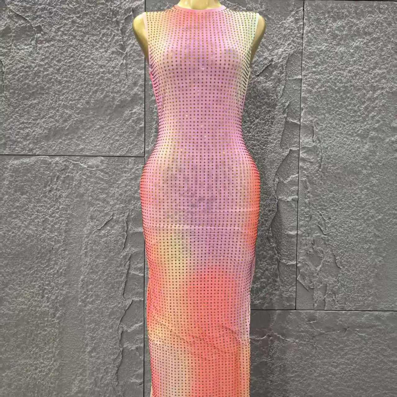 Shinning Rhinestones Women Sleeveless Sexy O-Mecl Bodycon Long Dress Mesh High Stretch Celebrate Evening Party Cocktail Dress Pink