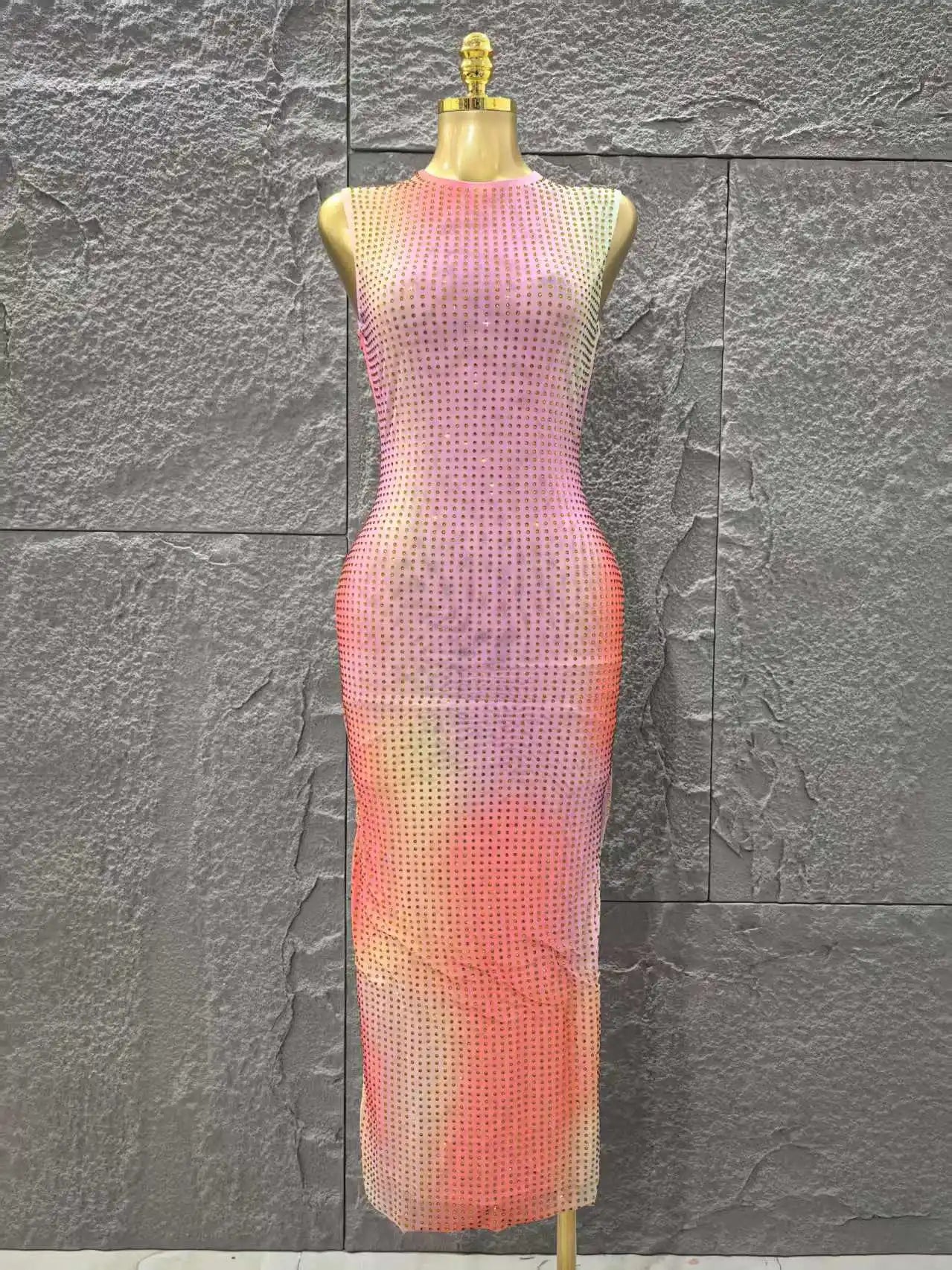 Shinning Rhinestones Women Sleeveless Sexy O-Mecl Bodycon Long Dress Mesh High Stretch Celebrate Evening Party Cocktail Dress Pink