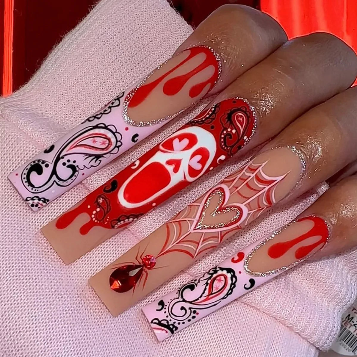 Scary Blood Skull Fake Nails Long Coffin Ballet Halloween Style False Nails 24pcs Wearable Press on Nail tips for Halloween Gift H1