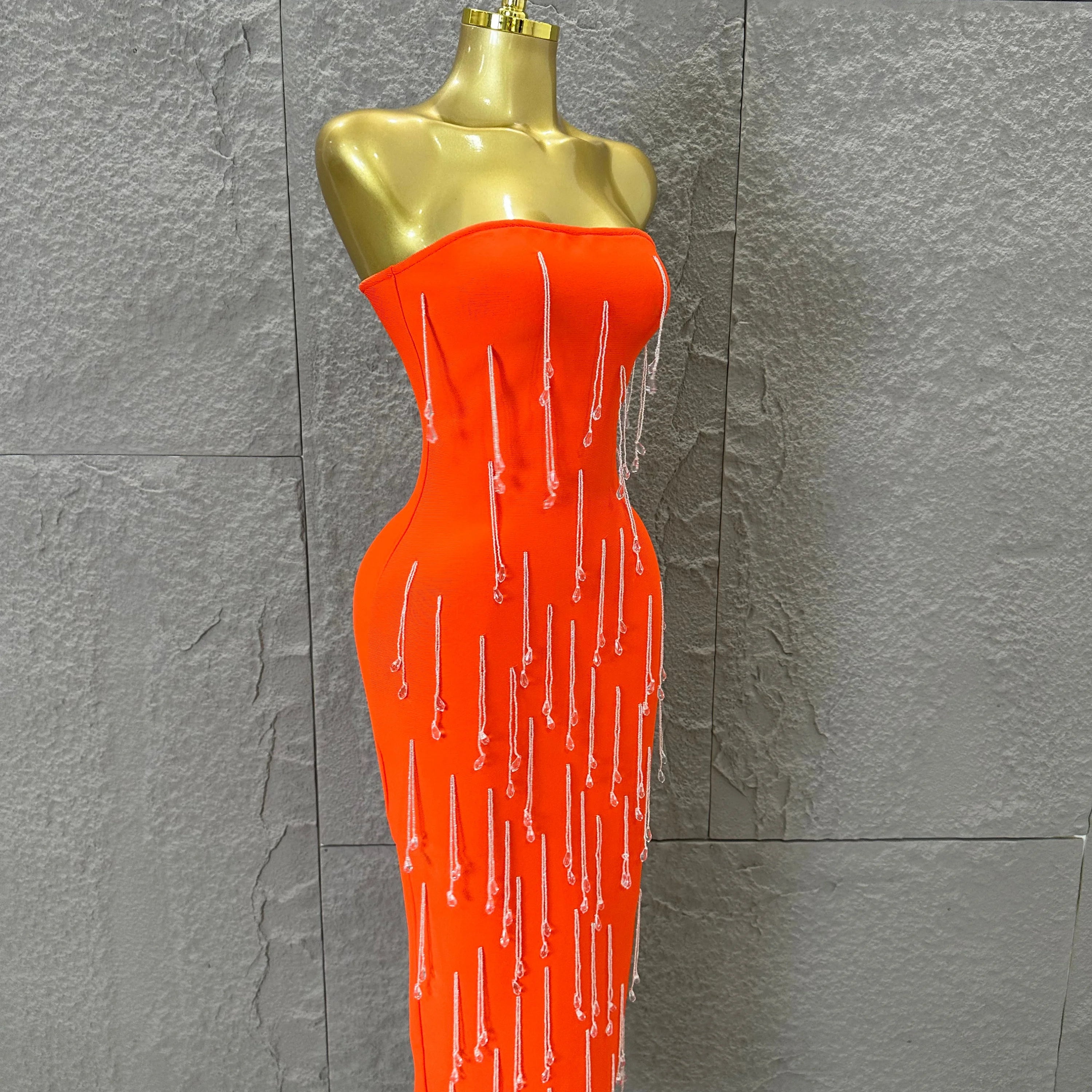 Elegant Orange Crystal Tassel Midi Dress Women Sexy Strapless Rhinestone Fringe Bodycon Slim-fit Outfit Evening Gala Costume