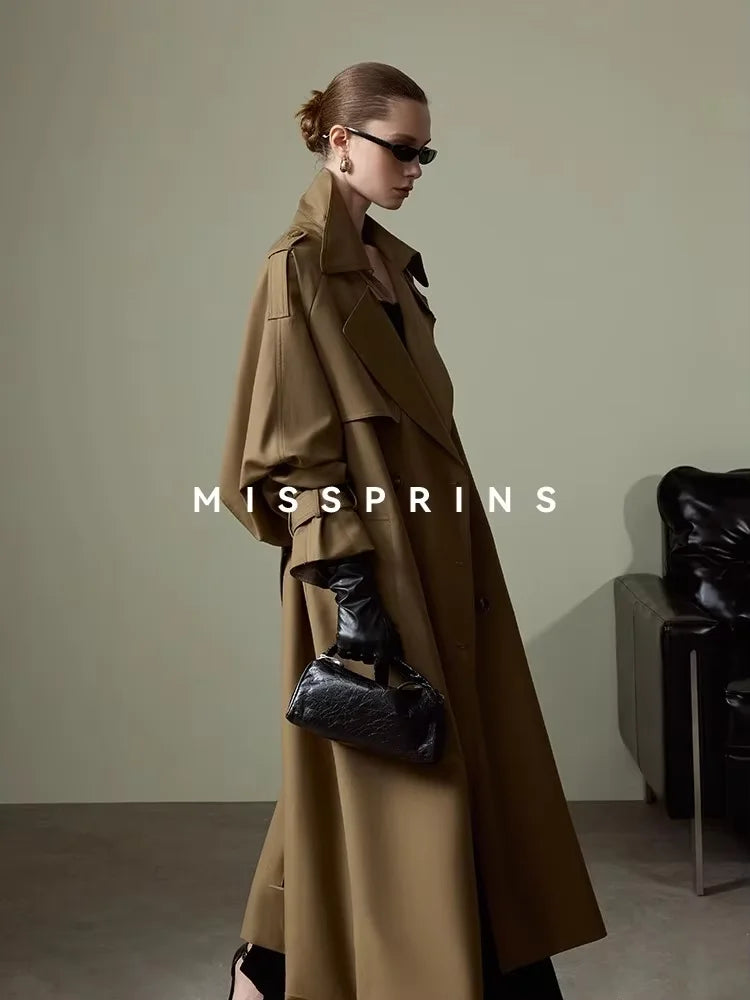 Lautaro Spring Autumn Long Khaki Trench Coat for Women Belt Double Breasted Chic Luxury Designer European Fashion Clothes 2025