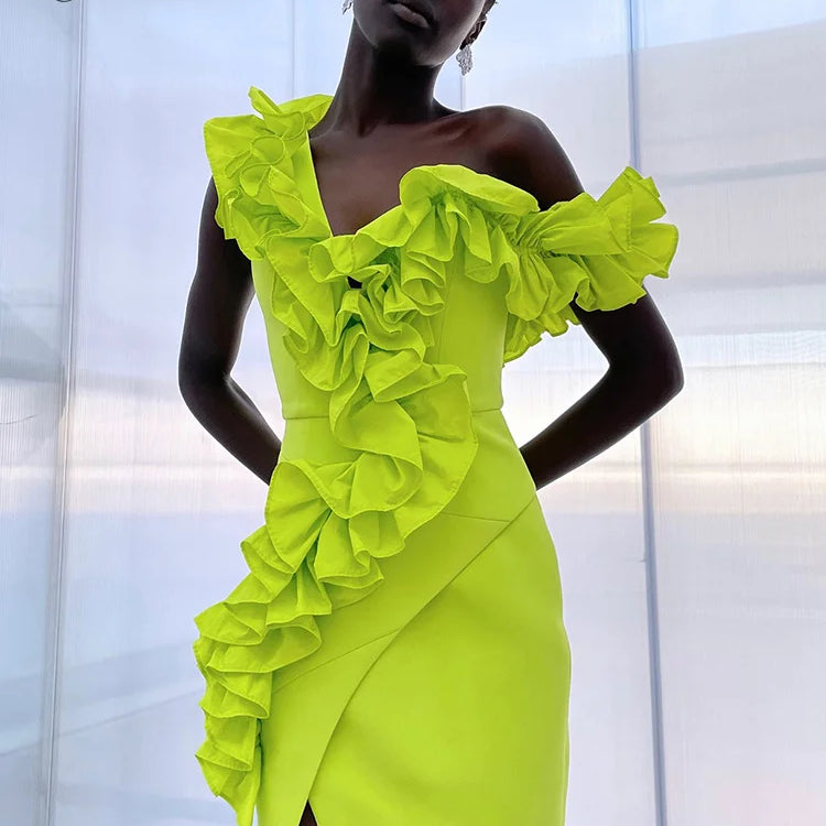 VC Women Sexy One Shoulder Ruffles Neon Green Split Maxi Long Bandage Maxi Dress Elegant Evening Club Party Cocktail Outfits