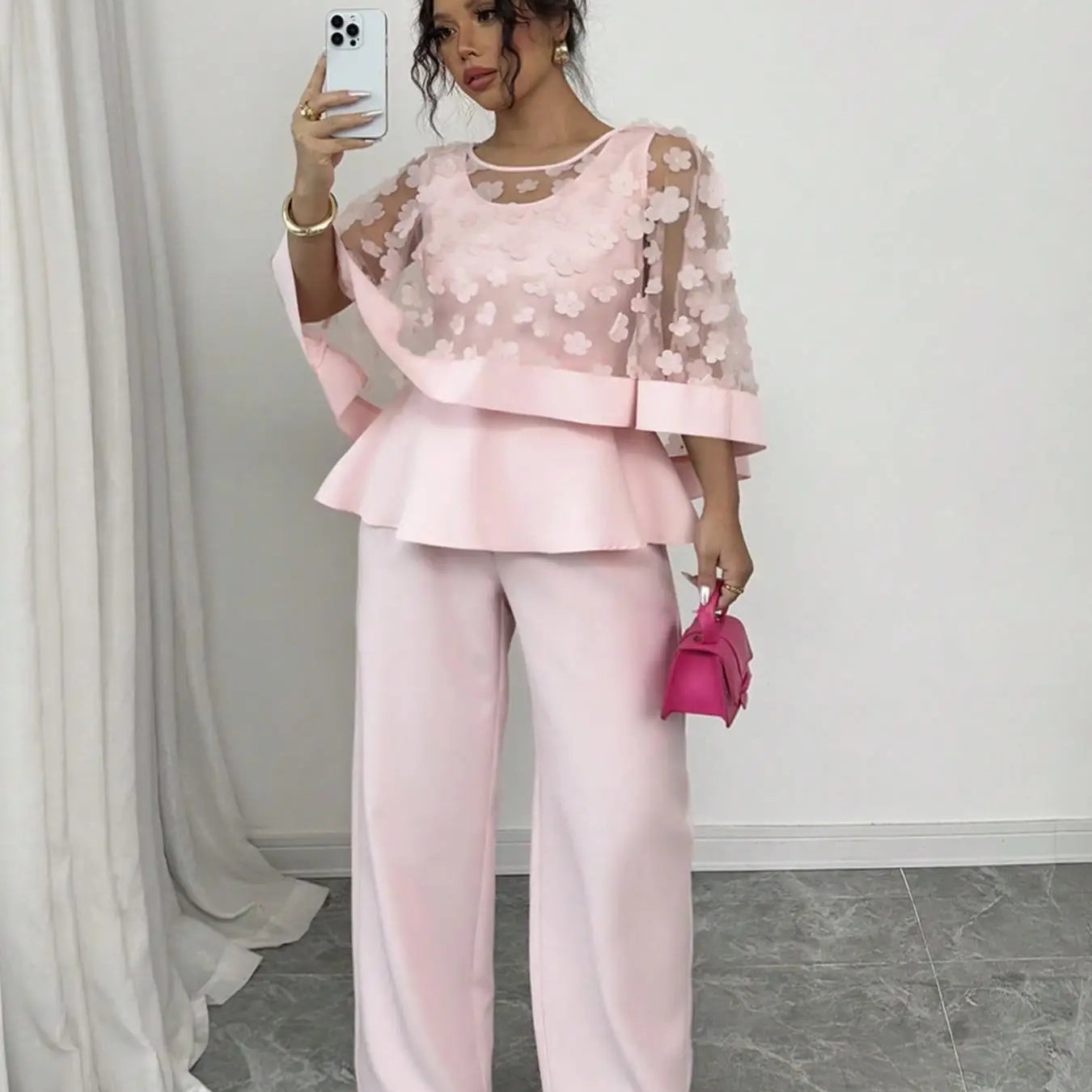 Plus Size Women's Two-Piece Set, Casual Floral and Plain Design, Moderate Thickness for All Seasons 168239