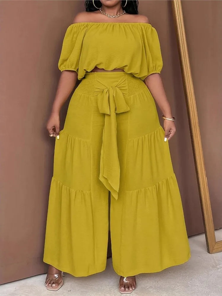 Plus Size Summer 2 Two Piece Set Women Casual Fashion Ladies Cropped Blouses Wide Leg Loose Pleated Woman Long Pant