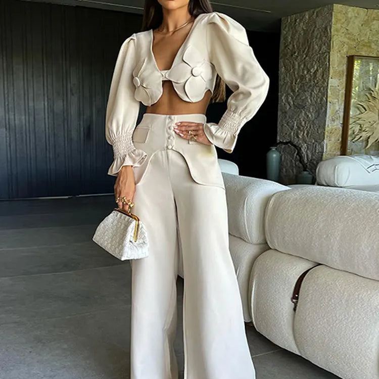 Sexy Flare Sleeve Blouse & Trouser Set Women Chic V Neck Backless Crop Top High Waist Wide Leg Pants Suit Spring Outfits