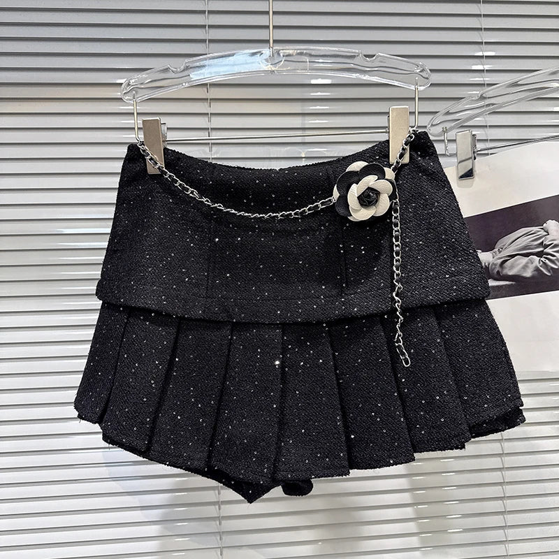 Winter New Fashion Waist Chain Tweed Pleated Skirt For Women Versatile Black Short Skirts Female Trend 11A07861 Black
