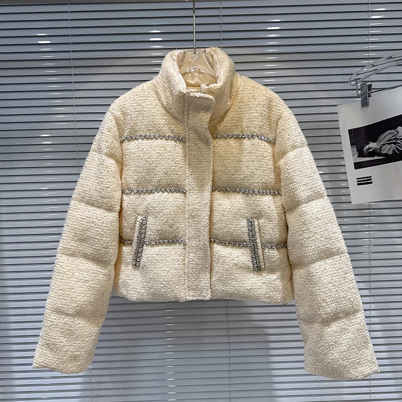 Winter New Sweet Fashion Rhinestone Beaded Edge Thick Tweed Stand Collar Warm Jacket For Women Cotton Coat 11A07587