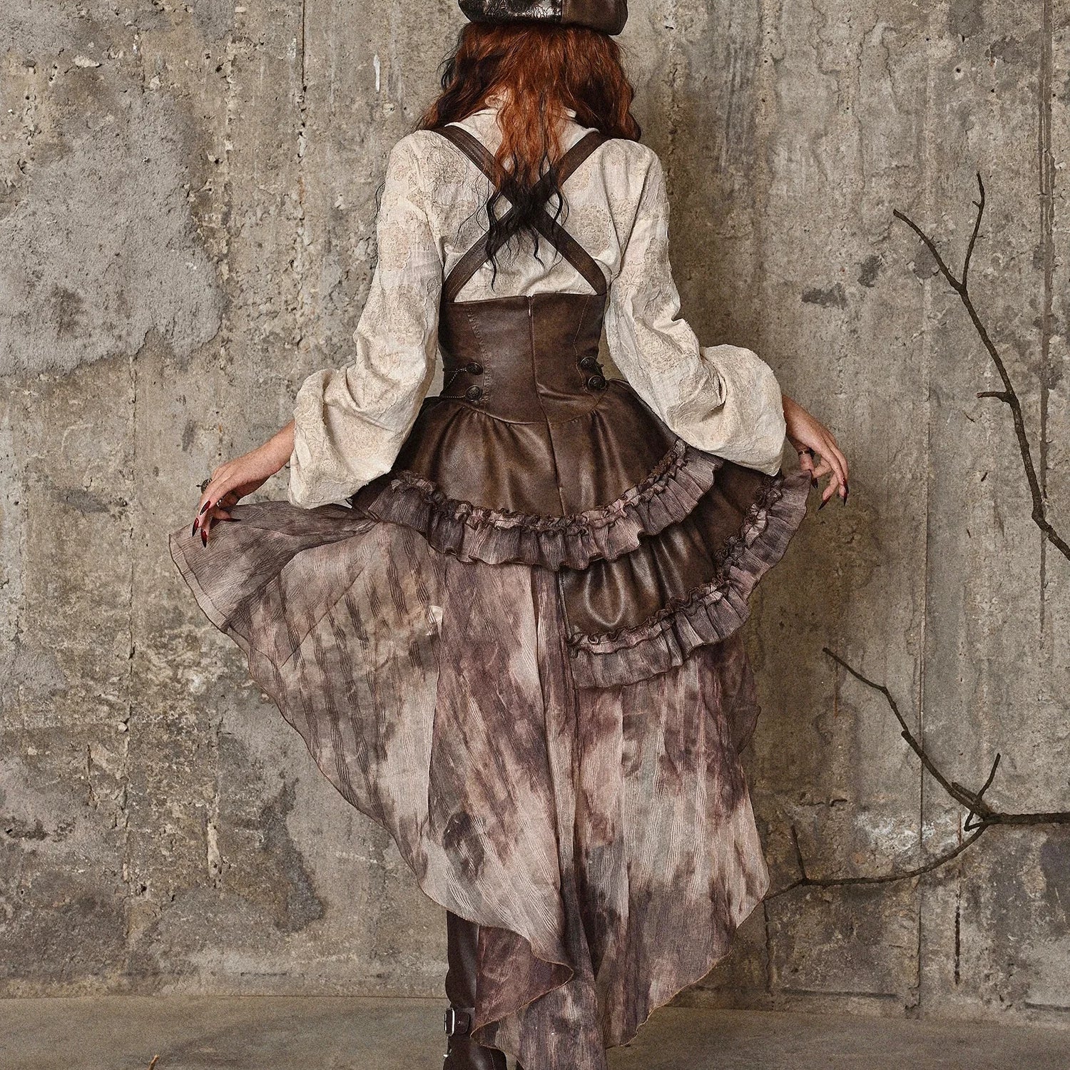 Original Punk Asymmetrical PU Chest Plate Strap Trailing Dresses Long Sleeve Shirt Dress Sets Autumn New Gothic Girls Outfits