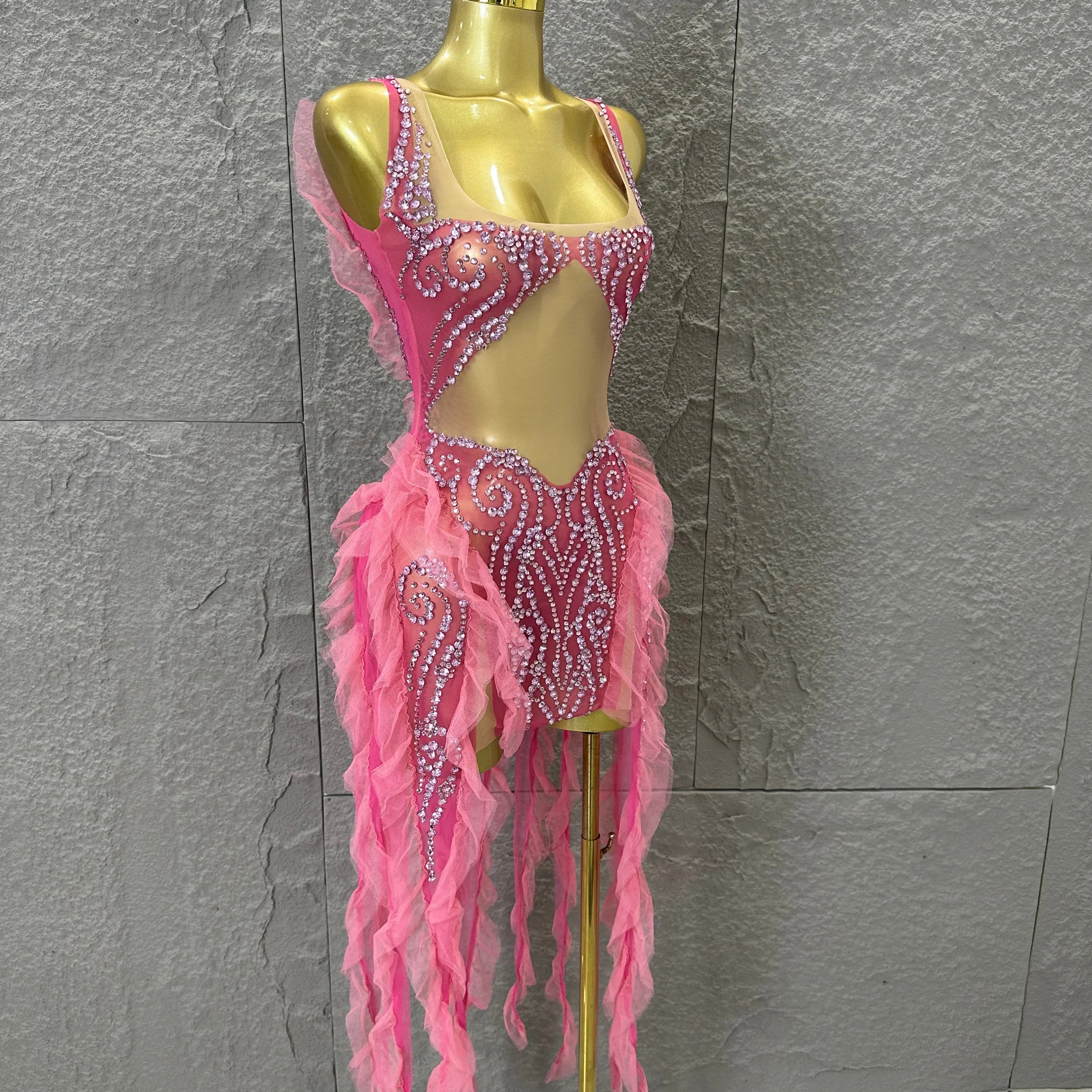 Women Sheer Mesh Rhinestone Ruffle Embellished Latin Dance Performance Costume Elegant Pink Spaghetti Strap Mini Dress
