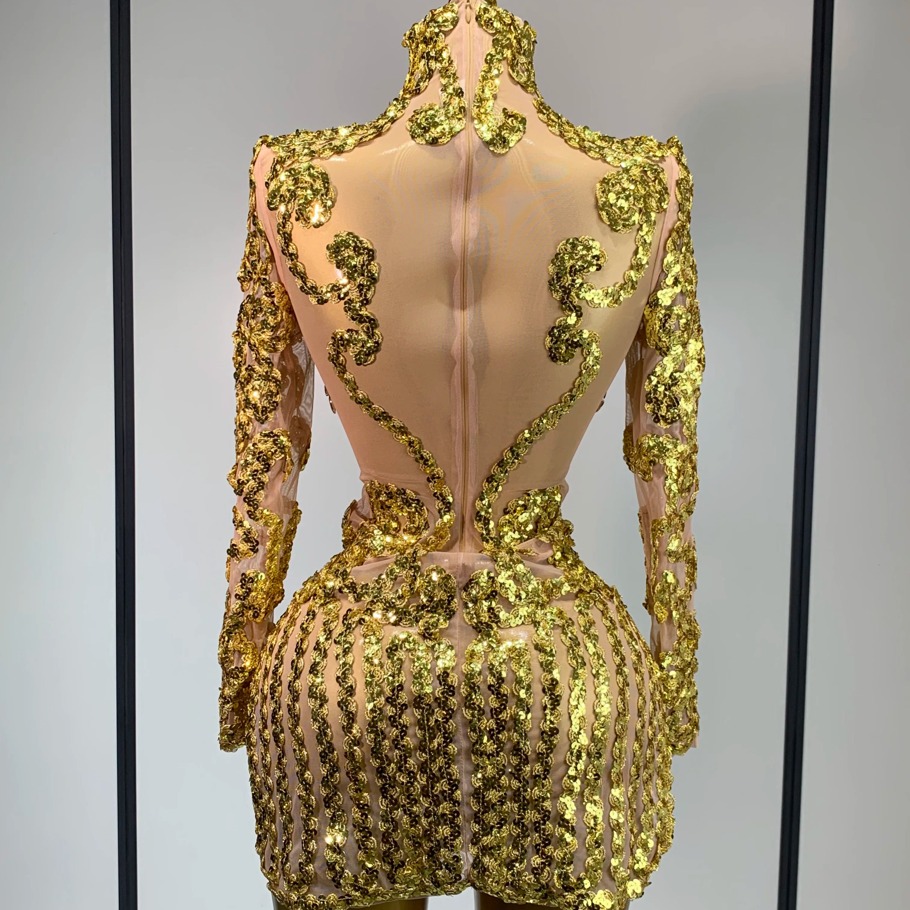 Women Long Sleeve Sexy Shinning Sequins Bodycon Mini Dress Mesh See Through Celebrate Birthday Evening Party Club Stage Outfit