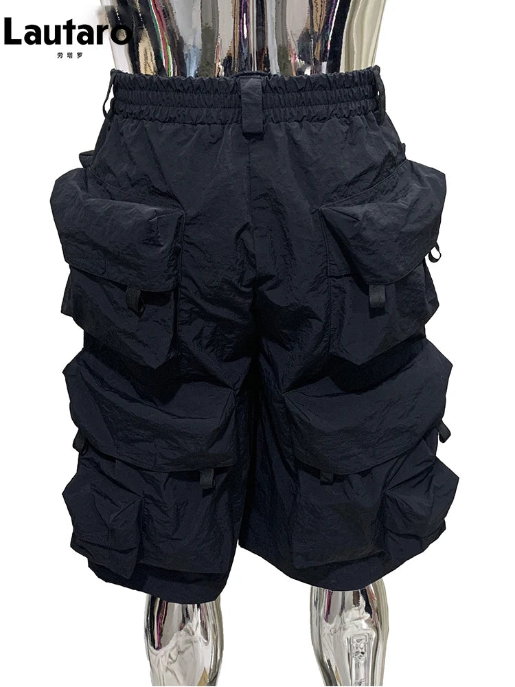 Lautaro Summer Autumn Thin Waterproof Black Nylon Cargo Shorts for Men with Many Pockets Luxury Designer Emo Techwear Clothes