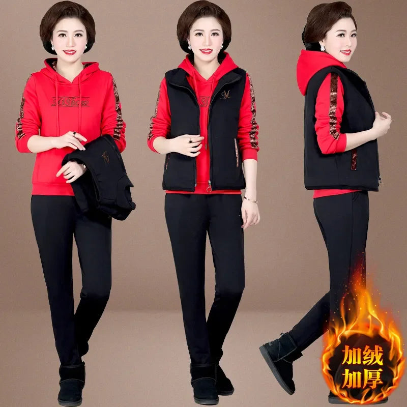 Women's Autumn Winter New Suit Plush Thickened Hooded Tops Waistcoat Pants 3 Three Piece Sets Fashion Plus Size Women Clothing Red