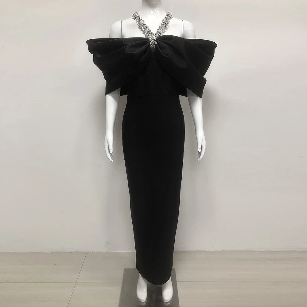 Sexy Off Shoulder Diamond Elegant Celebrity Evening Cocktail Tight Bandage Long Dress Women'S Spaghetti Strap Party Gowns black