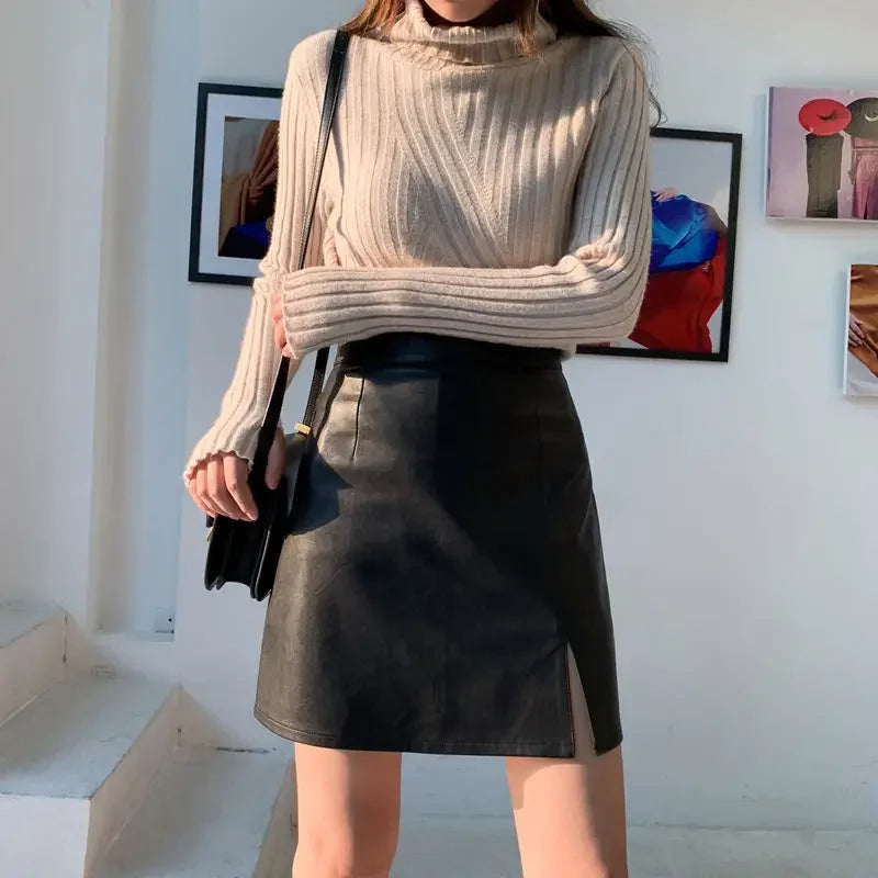 Slit Leather Skirt Female Autumn Winter New A- line Skirt Office Lady Sheath High Waist Slimming Skirt Mujer Faldas