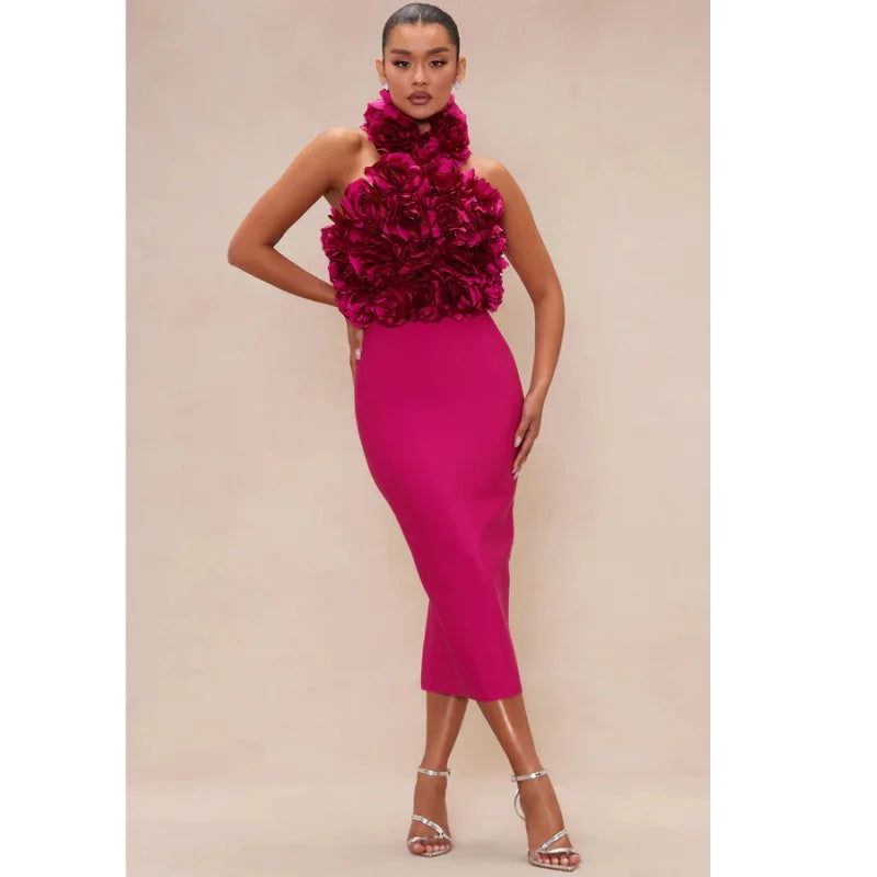 Rosered White Women Sexy Halter Off the Shoulder Backless Bodycon Long Bandage Dress Florals Celebrate Nightclub Party Wear Rose Red