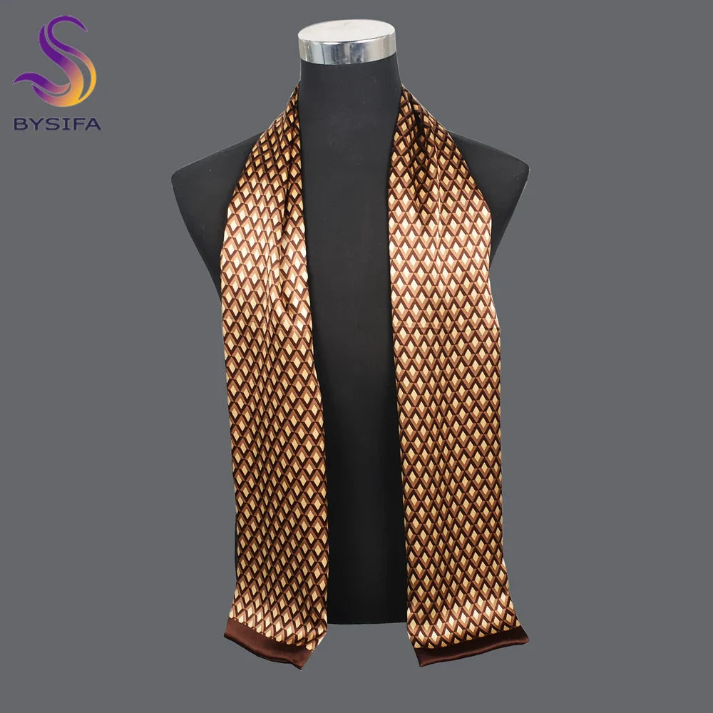 [BYSIFA] New Navy Blue Men Silk Scarf Printed Muffler Winter Brand Fashion Scarves 100% Pure Silk Male Black Long Scarves Cravat dark coffee