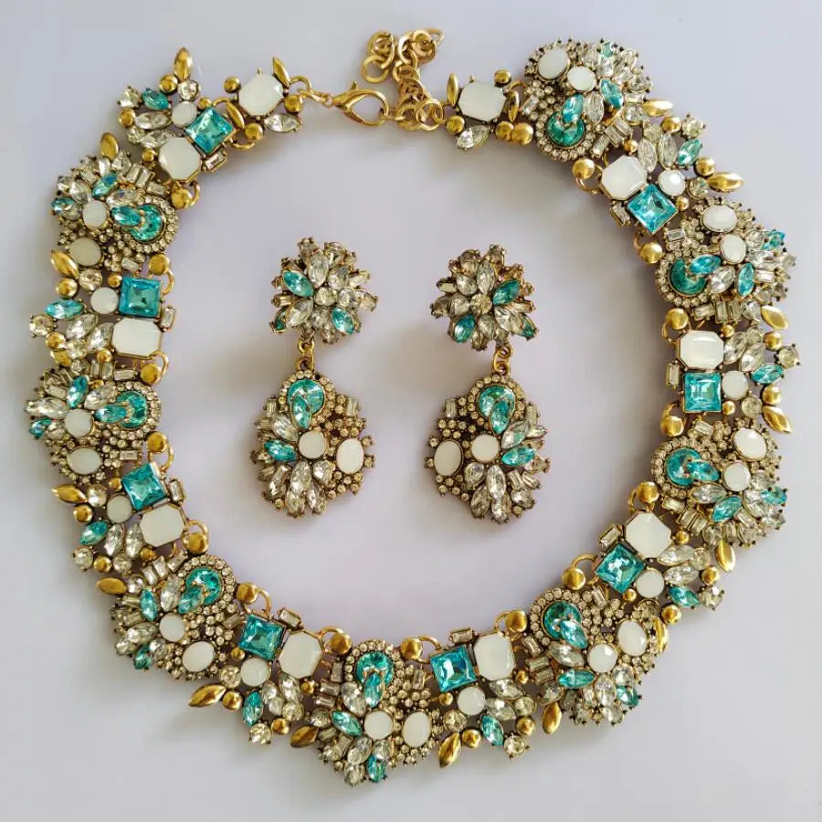 New Fashion Green Crystal Rhinestone Large Collar Big Big Choker Necklace Women Statement Indian Necklace Wedding Jewelry light blue