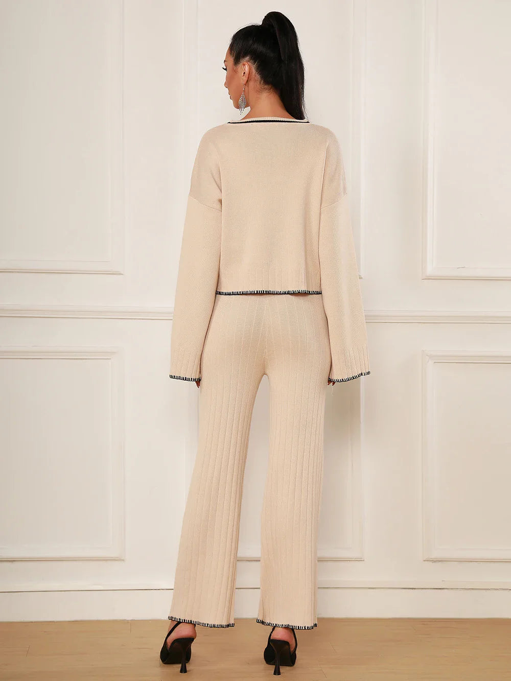 2025 Spring Casual Women's Knitted Pants Set O-neck Long Sleeve Hoodie Loose Knitted Shirt+Straight Pants Two Piece Set