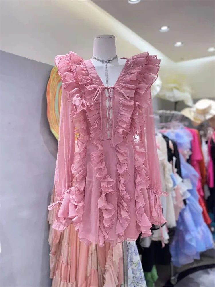 Tossy V-Neck Lace-Up Ruffled Mini Dress For Women Summer Mesh Bandage High Waist Fashion Party Dress Gown Female Mini Dress 2024 Pink